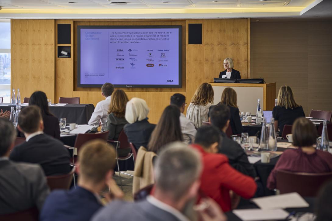Photo of Dame Sara Thornton speaking at the CCLA Construction Sector Roundtable 2025